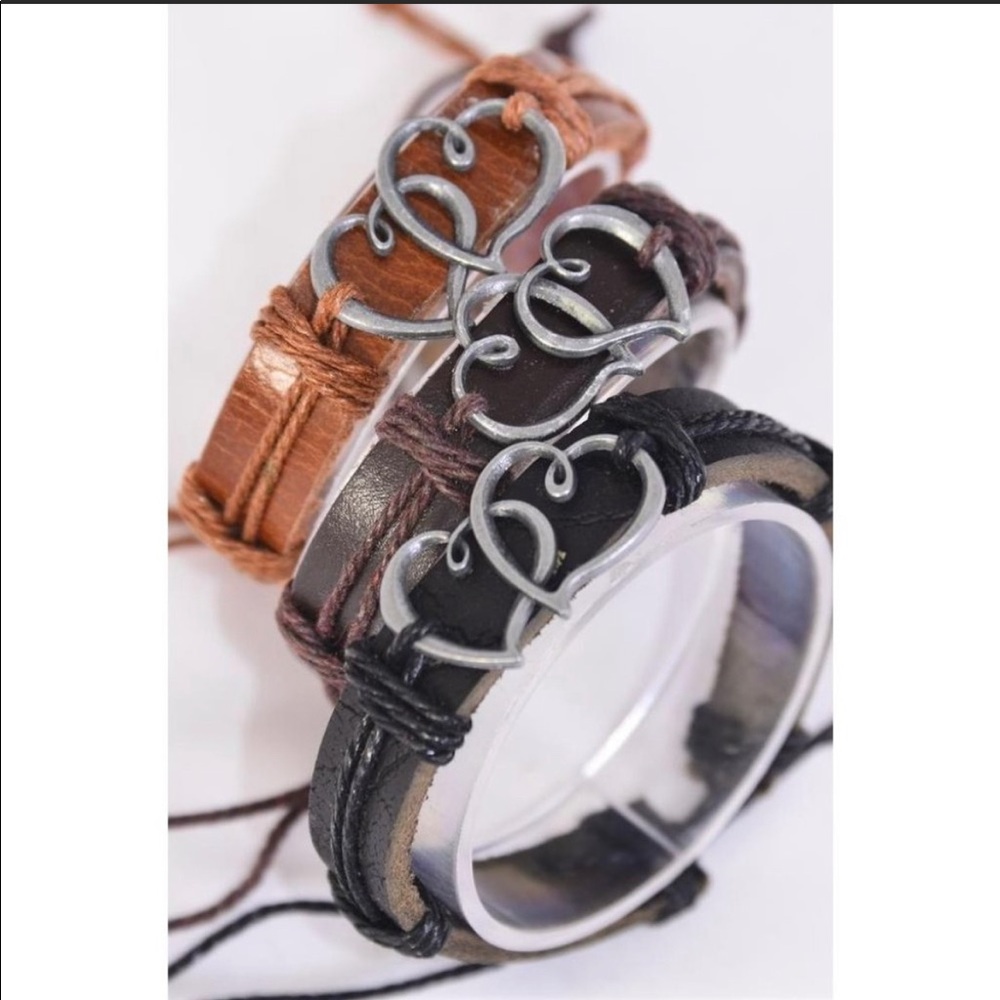 Unisex Double Heart Leather Adjustable Bracelet
